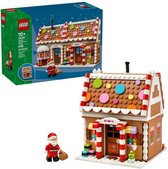 LEGO winters peperkoekhuis met kerstman minifiguur en LEGO doos.