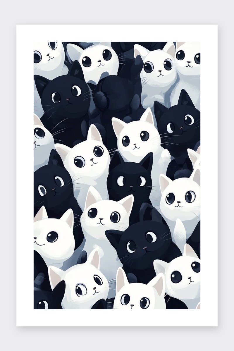 Katten Poster - Schattige - Cartoon - Dieren - Vrolijk - Kinderkamer - Kinder - posters - formaat 30x40cm - Wanddecoratie - BXS5004AZ - Met kader - passe-partouts stijl