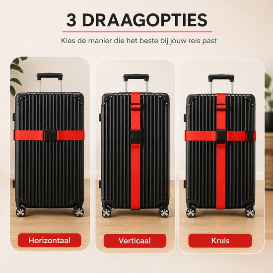 Drie zwarte koffers met rode kofferriemen bevestigd in horizontale, verticale en kruisvormige patronen.