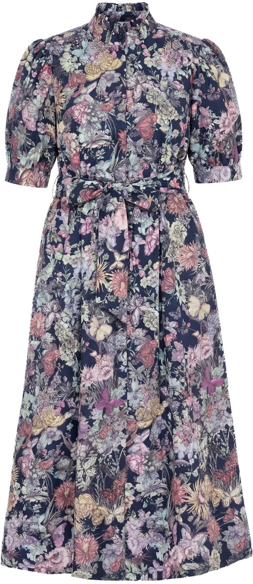 Ulla Popken - Dames - Maxi-jurk gobelinpatroon A-lijn opstaande kraag korte mouw - Marine - Maat 62+