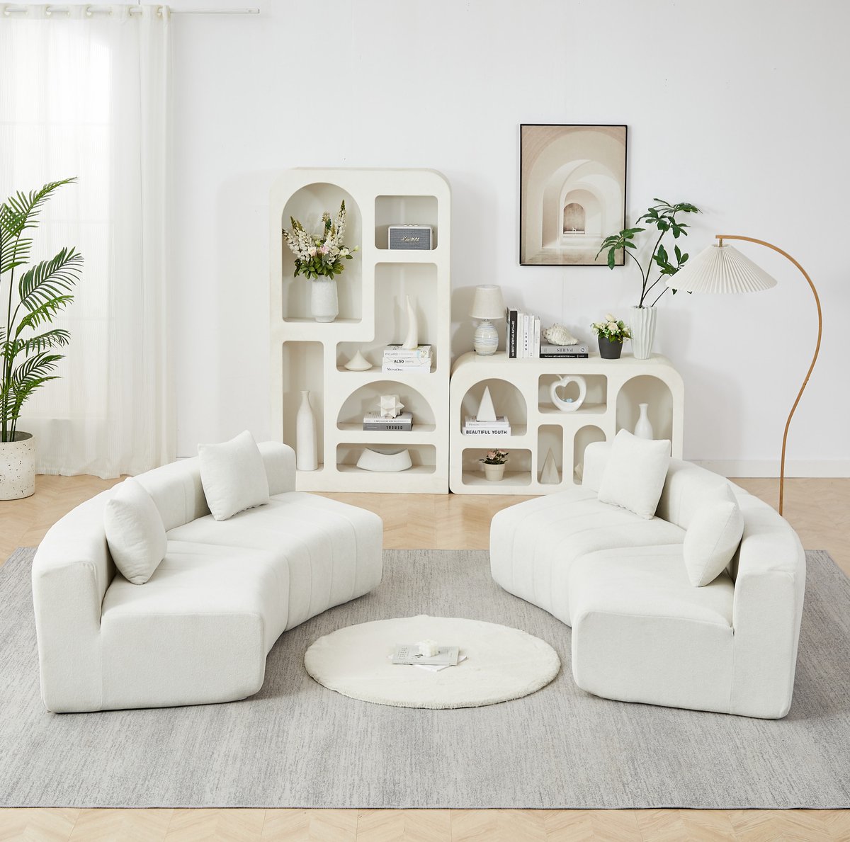MIVRAY Bank 4-Zits - Modulaire Gebogen Chenille Sofa Met 2 Kussens - Halfronde Lounge Voor Woonkamer En Bureau - Beige Chenille