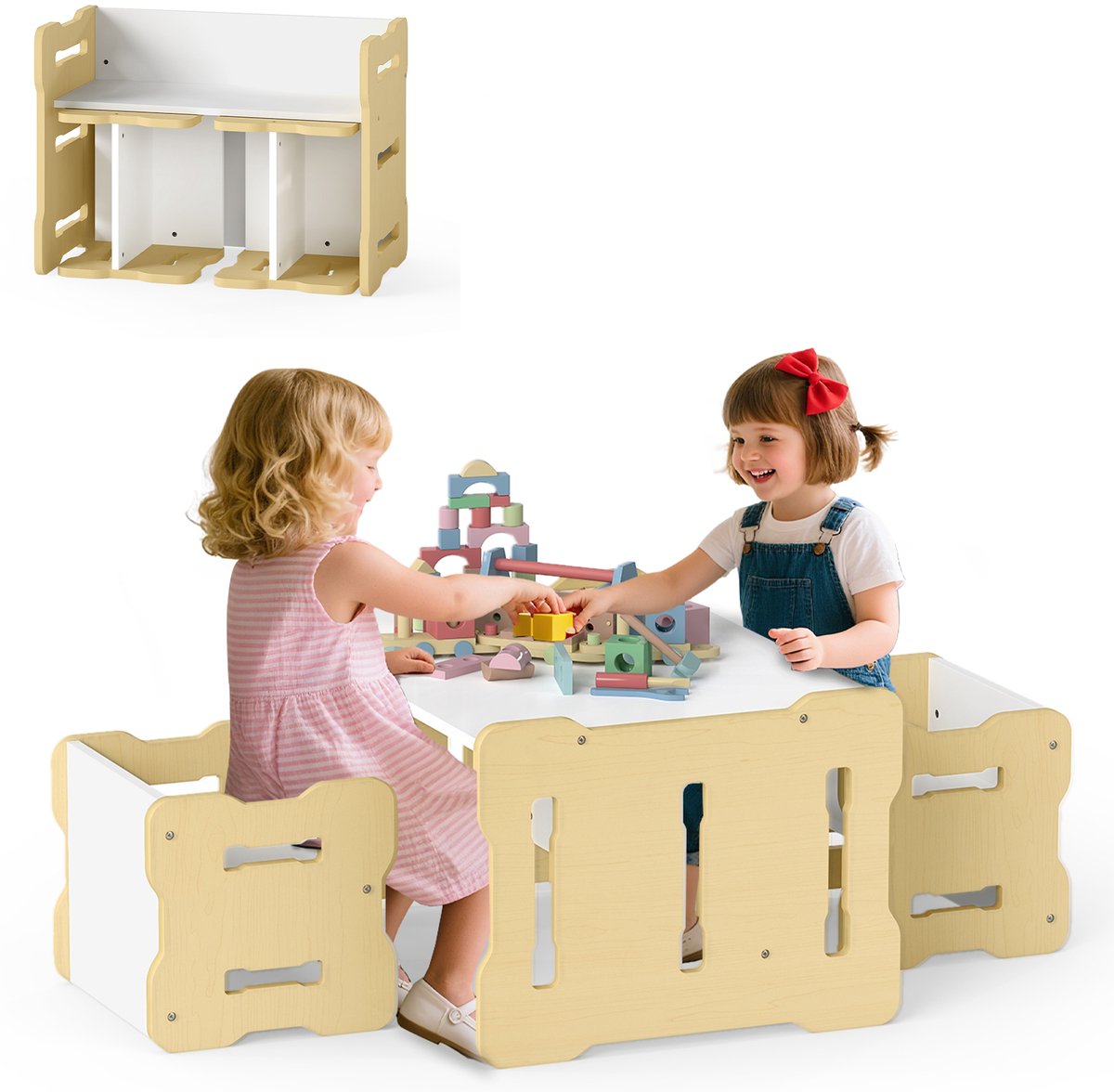 COSTWAY Kindertafel met 2 stoelen, 6-in-1 schildertafel, kinderbank en kinderbureau, 3-delige ruimtebesparende kinderzitgroep van hout, kindertafelstoelset voor peuters vanaf 3 jaar (natuur)