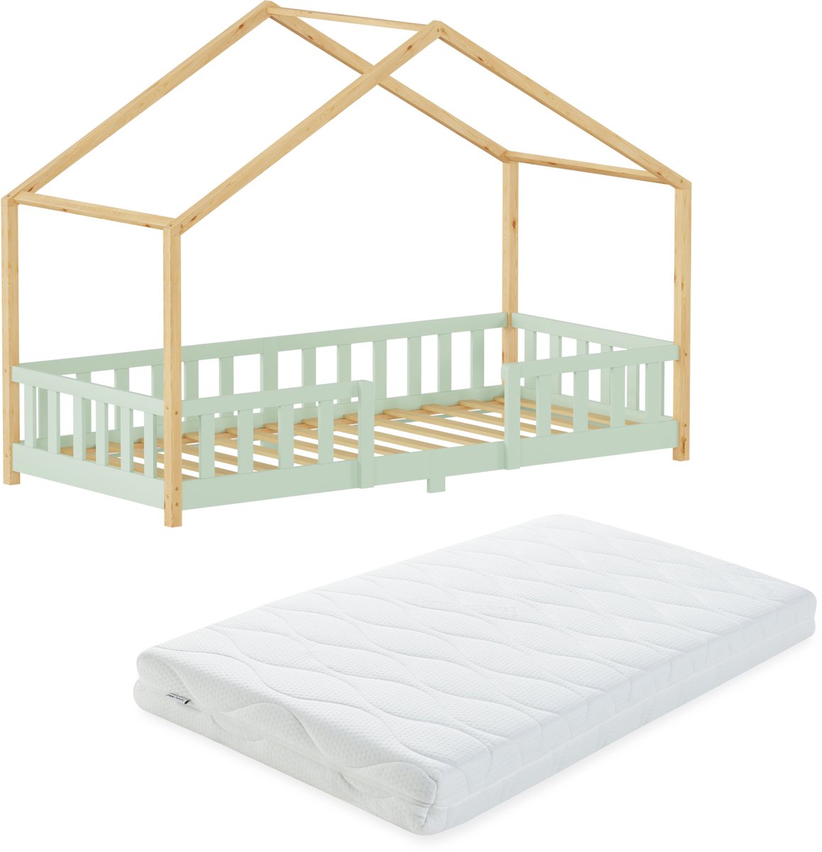 Kinderbed Treviolo met uitvalbeveiliging en matras 90x200 cm mintgroen en naturel [en.casa]