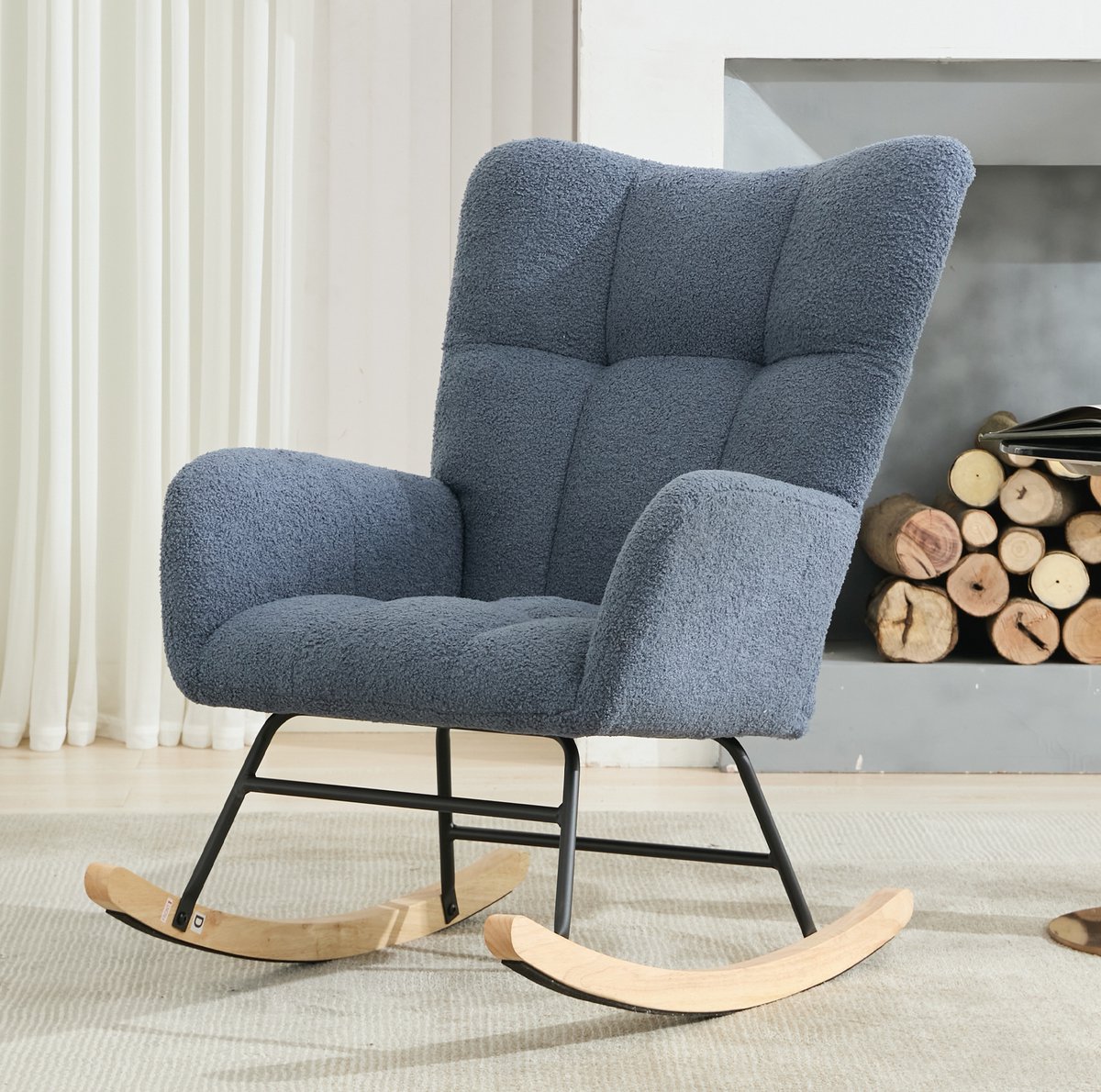 MIVRAY Schommelstoel Fauteuil 64 Cm Zachte Teddy Stof Wingback Met Armleuningen Voor Woonkamer Slaapkamer En Kinderkamer Navy