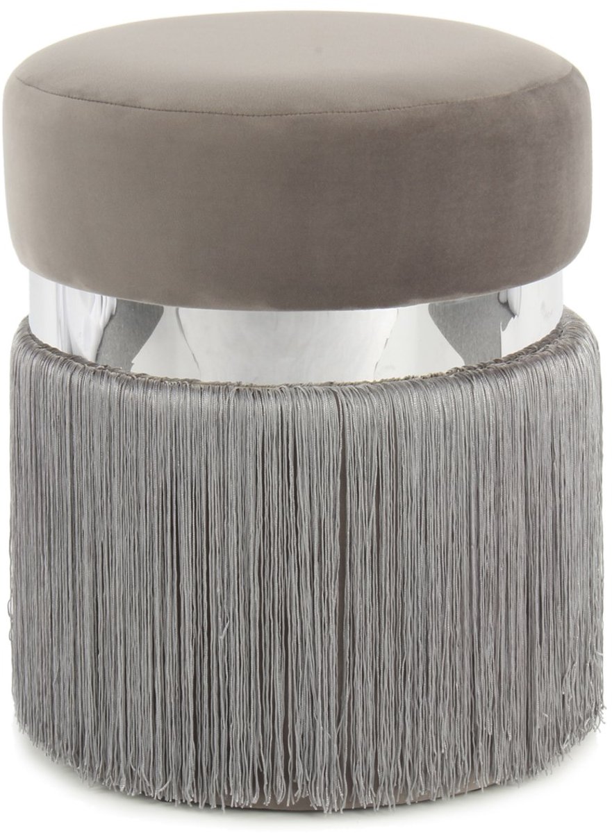 Padiro ronde poef Ø 38 x 45 cm - grijs en zilverkleurig - fluweellook - lange franjes en metalen sierring