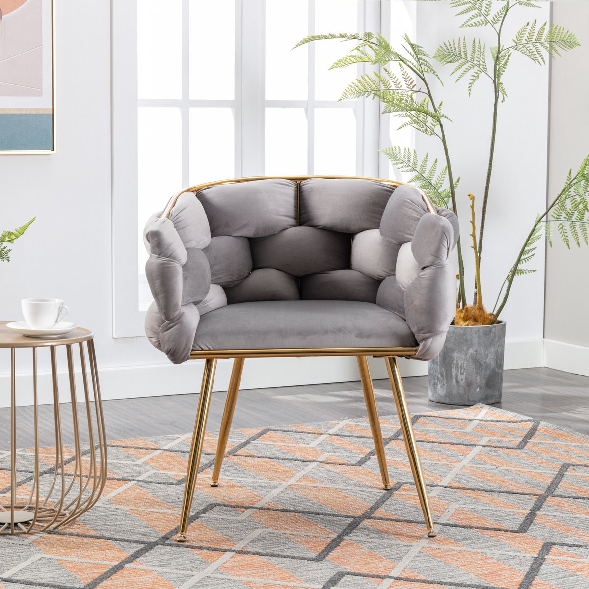 MODFU-Fauteuil-Grijs-Velvet-Metalen Frame-Met Armleuningen-Modern