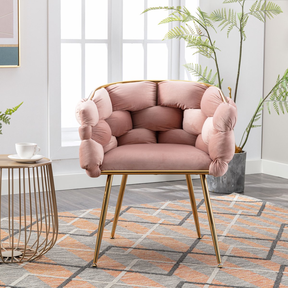 MODFU-Fauteuil-Roze-Velvet-Metalen Onderstel-Armleuningen-Woonkamer