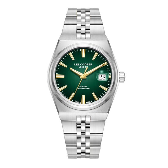 Zilverkleurig herenhorloge van Lee Cooper met een donkergroene wijzerplaat, gouden accenten en een datumvenster. De band is van metaal.
