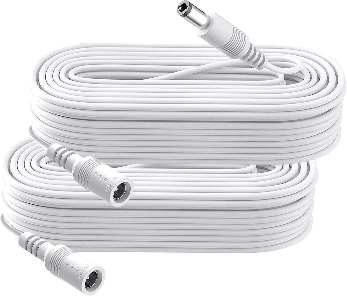 2 stuks 5 m DC verlengkabel, stekker 5,5 mm x 2,1 mm, mannelijke naar vrouwelijke stekker, DC 5V 6V 9V 12V 24V voor beveiligingscamera's, DVR, router, printer, LED-strip, wit