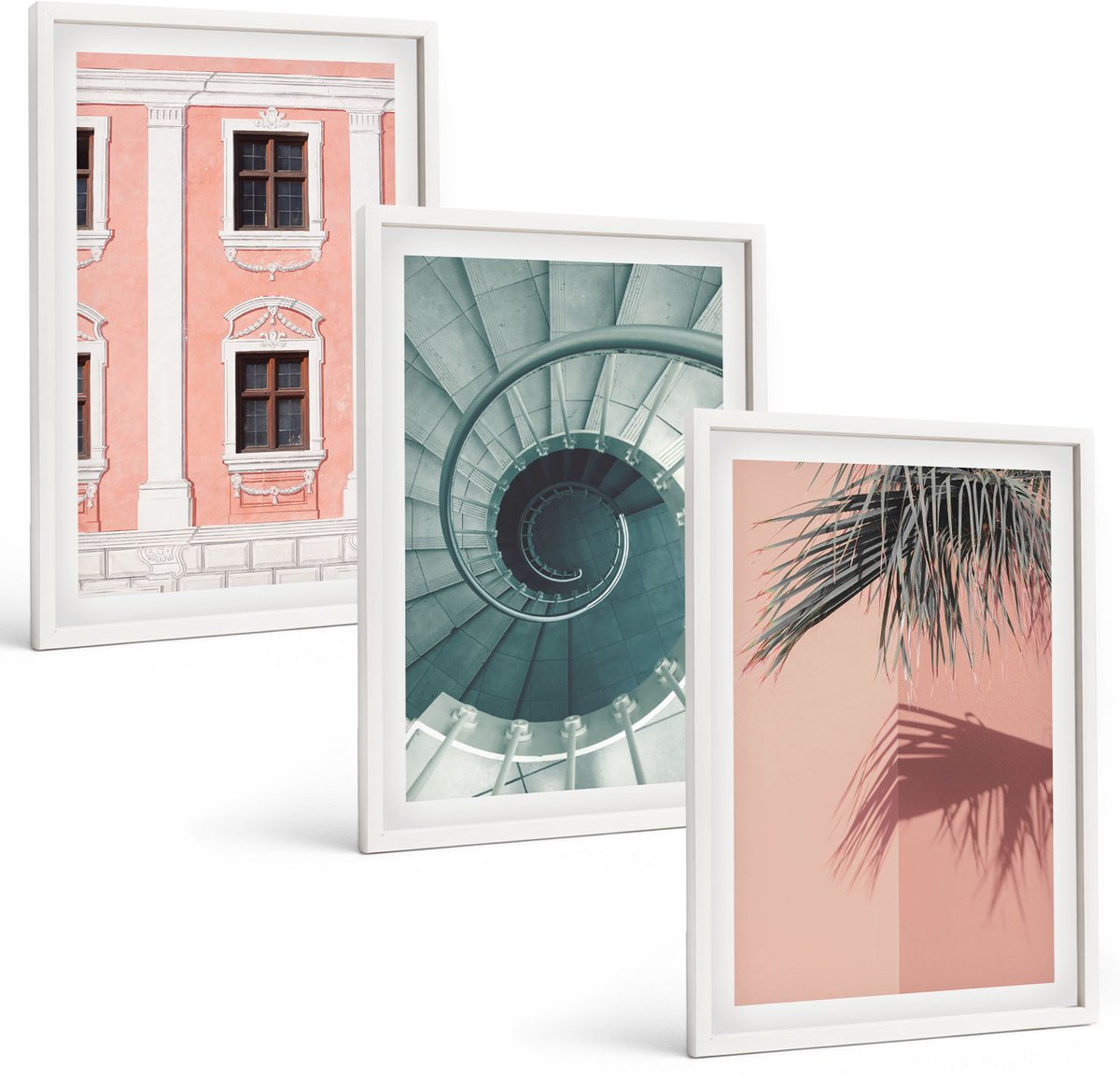 Coloray 3-Delige Schilderij Set - Pastelkleurige Architectuur En Spiraalpatronen - 40 x 60 - Wanddecoratie - Muurdecoratie - Woonkamer - Decoratieve Schilderijen