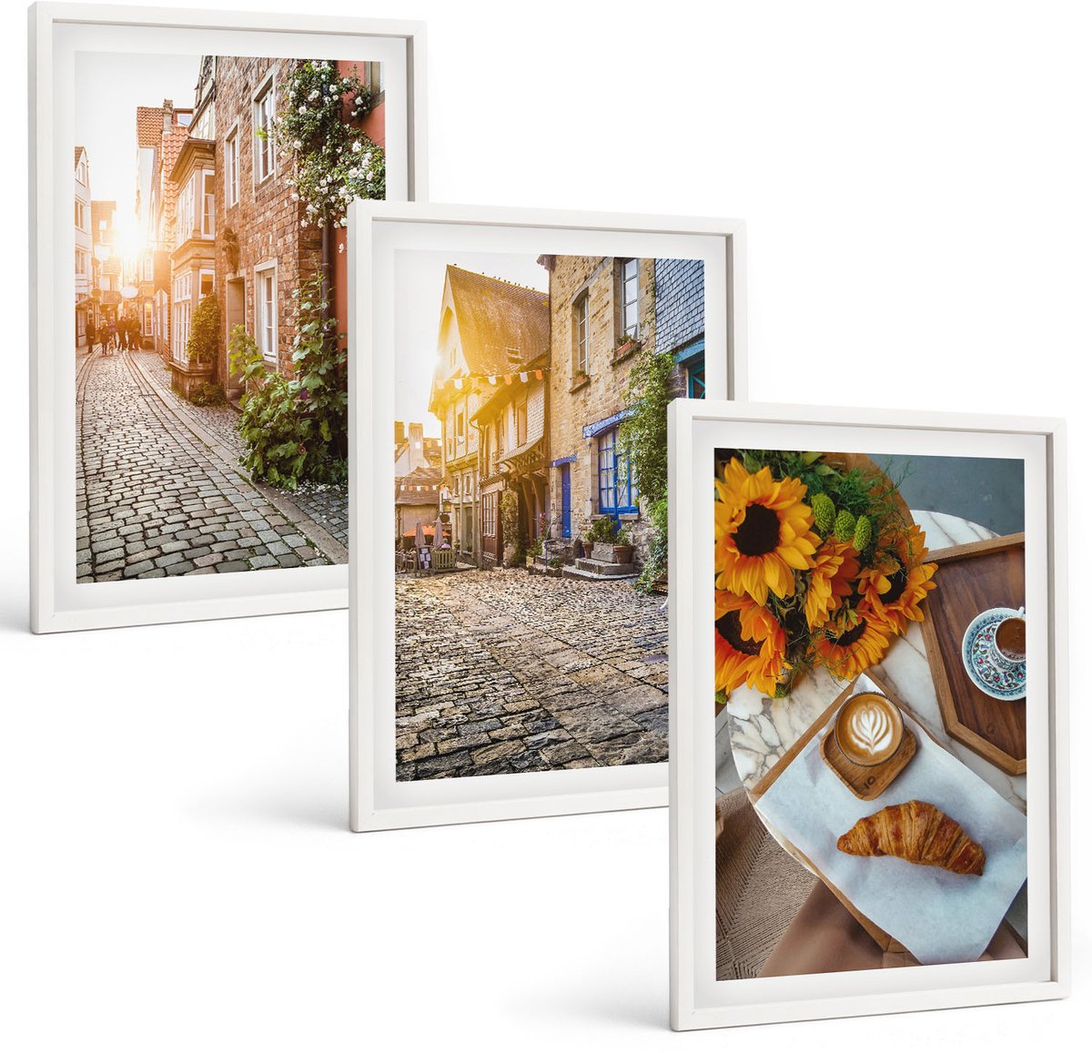 Coloray 3-Delige Schilderij Set - Sfeervolle Straatjes Met Koffie En Zonnebloemen - 40 x 60 - Decoratieve Schilderijen - Woonkamer - Interieur - Woonkamer Decoratie