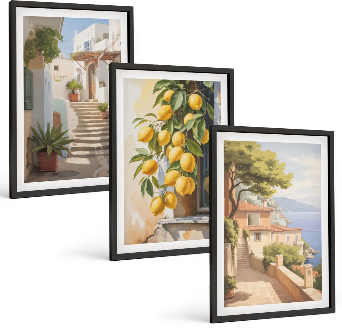 Coloray 3-Delige Schilderij Set - Sfeervolle Straatjes Met Citroenbomen En Uitzicht Op Zee. - 40 x 60 cm - Decoratieve Muurdecoratie - Slaapkamer - Stijlvolle Muurdecoratie