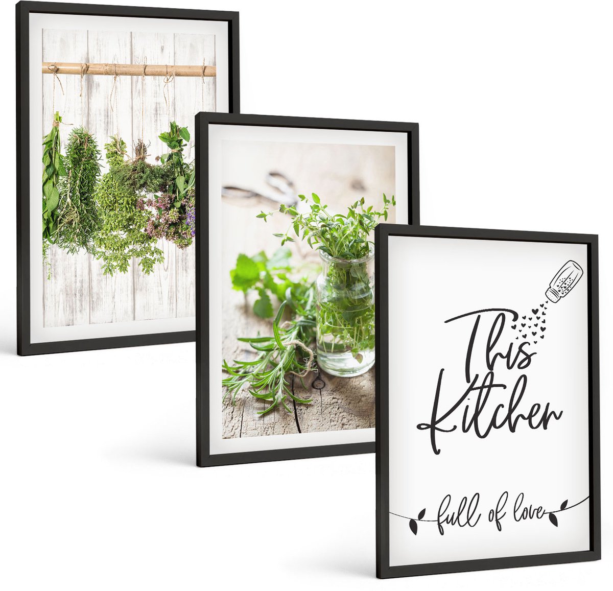 Coloray 3-Delige Schilderij Set - Keukenmotief Inscriptie Gedroogde Kruiden - 40 x 60 cm - Muurdecoratie - Schilderijen Set - Woonkamer - Moderne Wanddecoratie