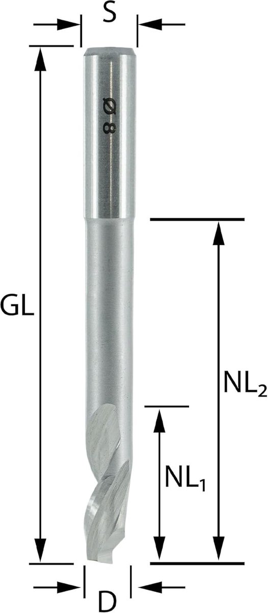 30020 Spiraalfrees en boor voor Alu en Kunsstof, HS, Schachtdoormeter (S) 8 mm, Frees- en boordoormeter (D) 4 mm, NL1 16 mm, NL2 45 mm, Z1, GL 90 mm