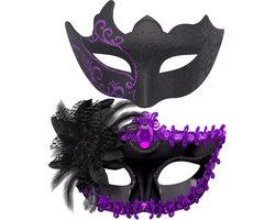 Set van 2 Venetiaanse maskers voor mannen en vrouwen – Voor Halloween, carnaval, feesten – Zwart en paars