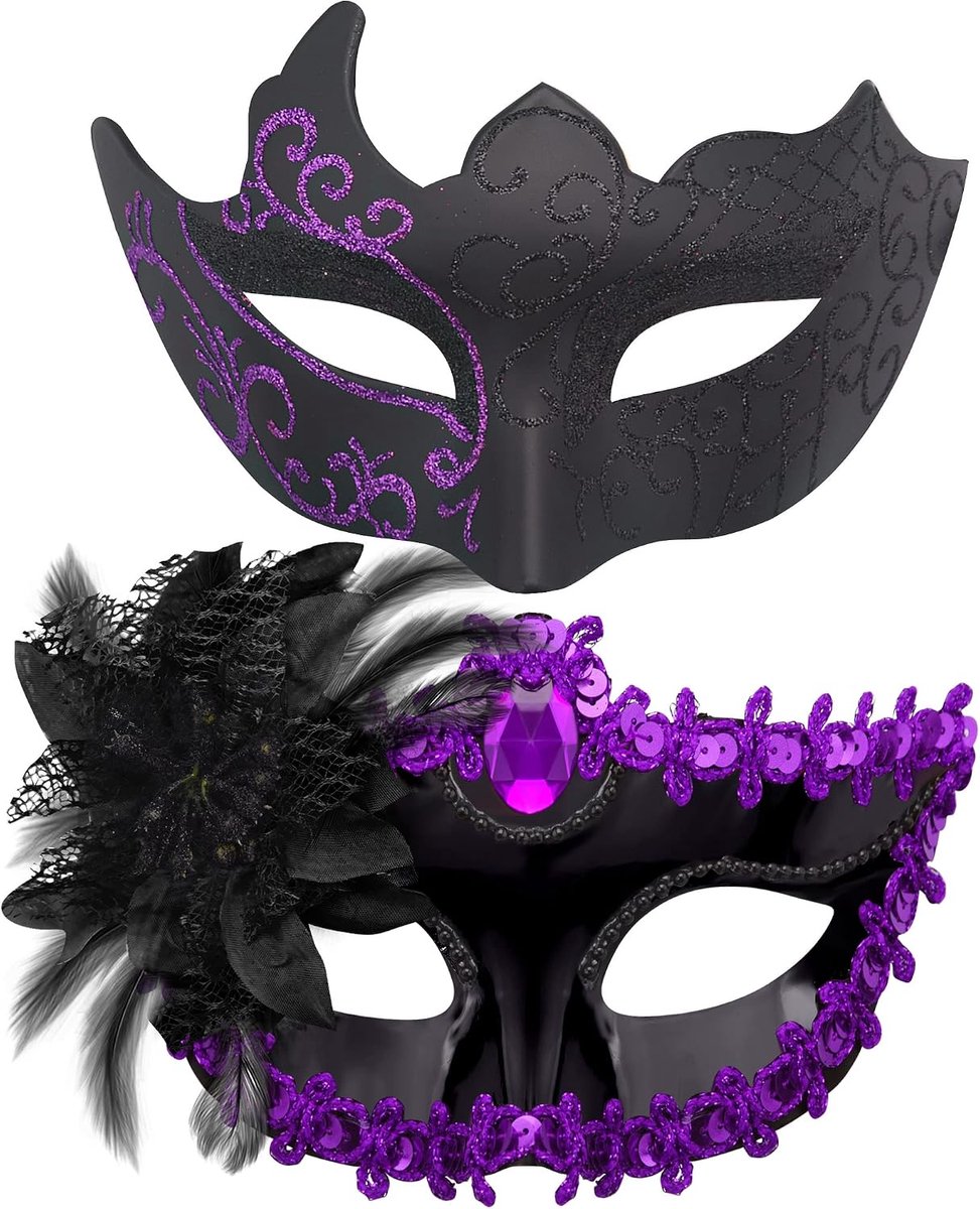 Set van 2 Venetiaanse maskers voor mannen en vrouwen – Voor Halloween, carnaval, feesten – Zwart en paars