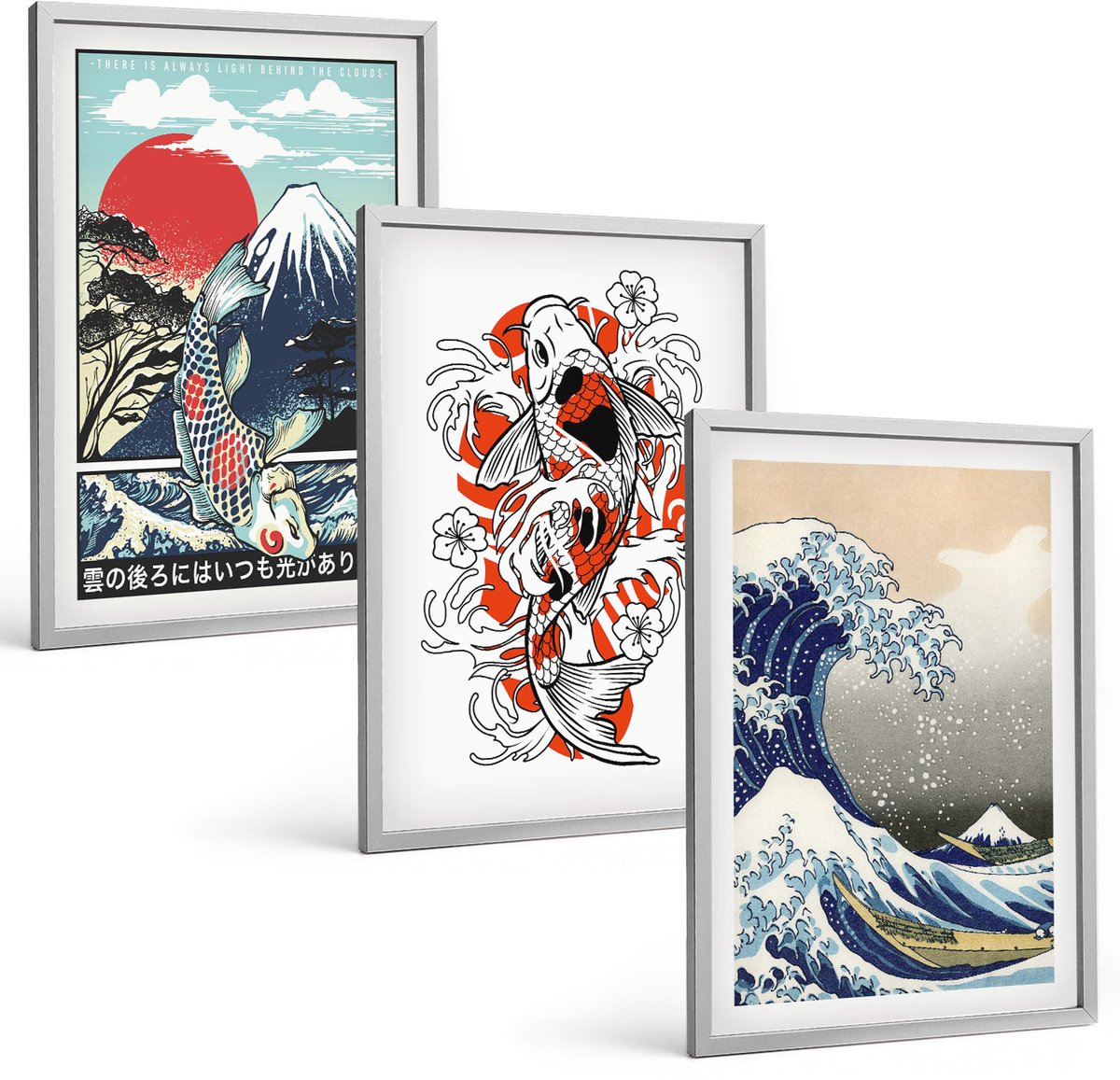 Coloray 3-Delige Schilderij Set - Illustraties Van De Visbergen En De Grote Golf Voor De Kust Van Kanagawa In Japanse Stijl. - 40 x 60 cm - Decoratieve Schilderijen - Wanddecoratie - Hal - Muurdecoratie