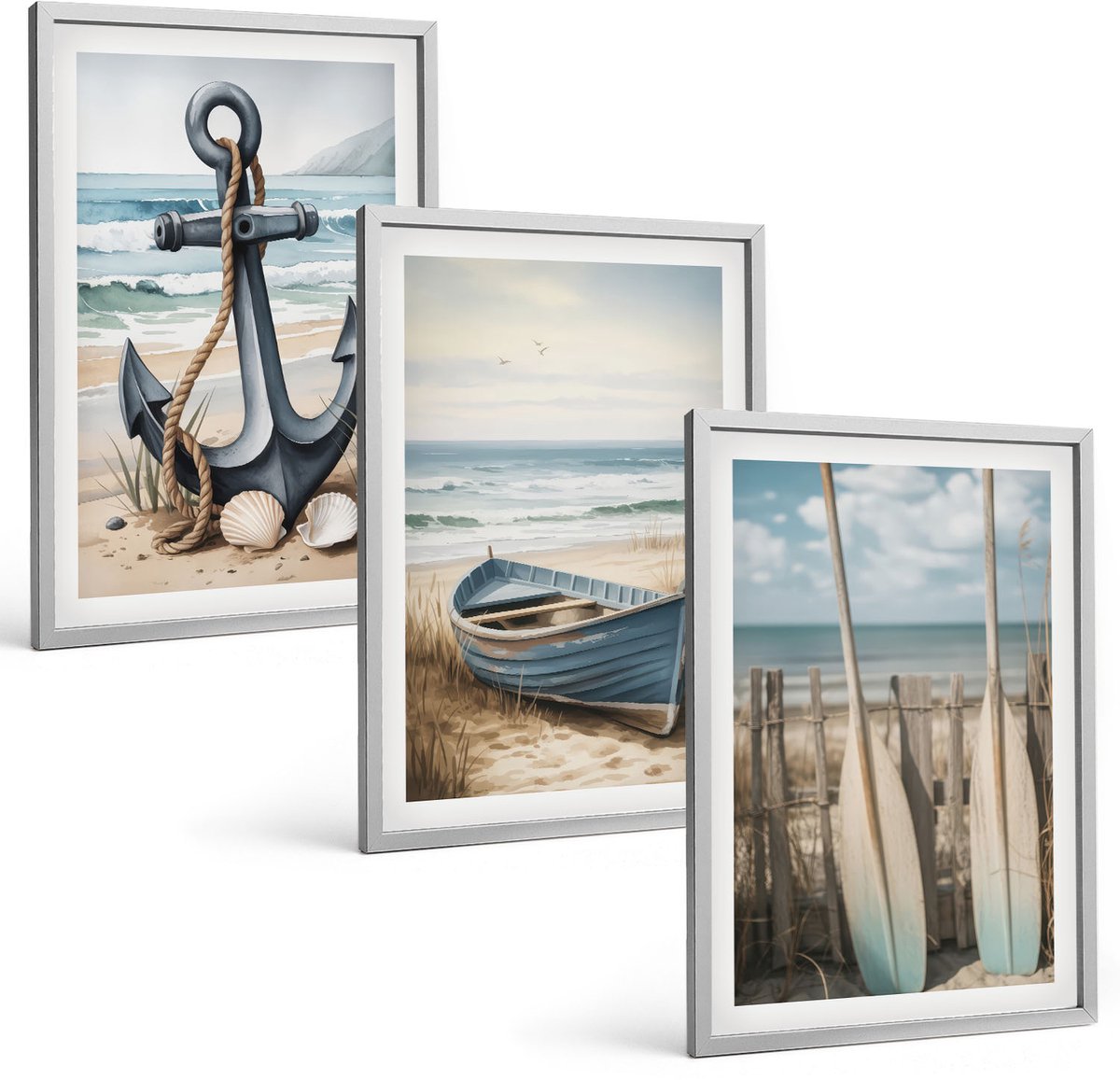 Coloray 3-Delige Schilderij Set - Bootanker En Roeispanen Op Het Strand Met De Zee - 40 x 60 cm - Wanddecoratie - Moderne Interieurdecoratie