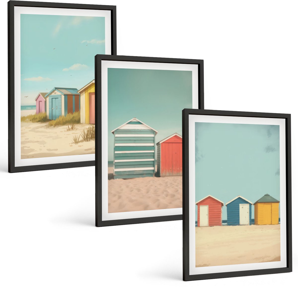 Coloray 3-Delige Schilderij Set - Kleurrijke Strandhuisjes In De Zomerzon - 40 x 60 cm - Decoratieve Schilderijen - Wanddecoratie - Hal - Muurdecoratie