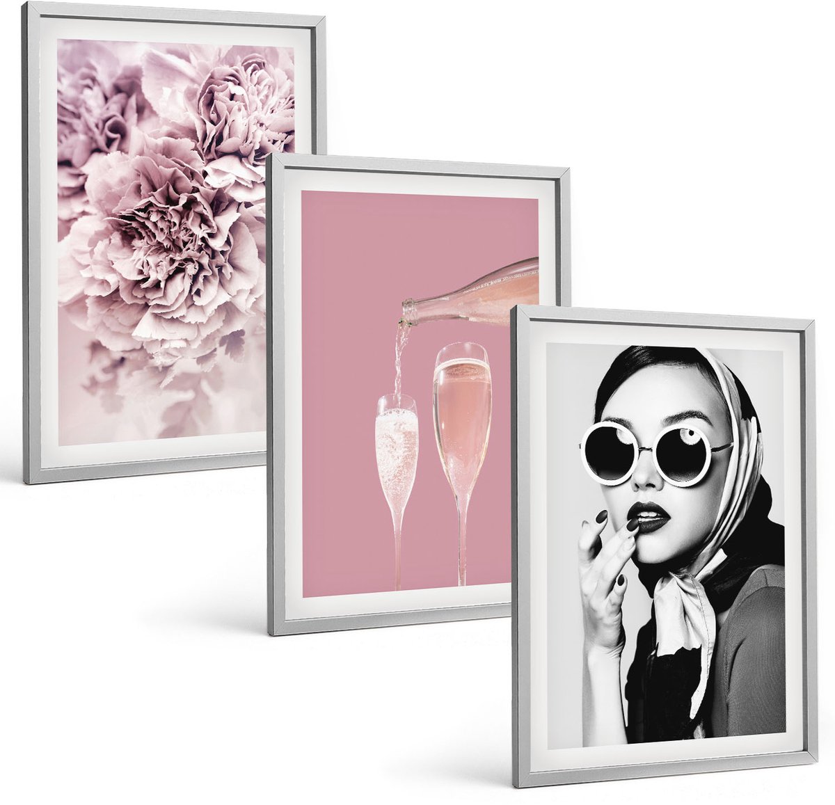 Coloray 3-Delige Schilderij Set - Bloemen In Verschillende Tinten Roze En Een Elegante Vrouw - 40 x 60 cm - Moderne Wanddecoratie - Woonkamer - Stijlvolle Muurdecoratie