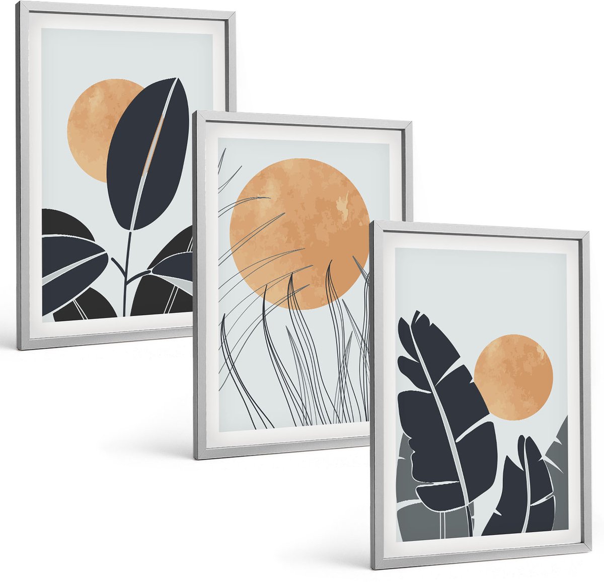 Coloray 3-Delige Schilderij Set - Plantenpatronen Met Grote Zonnen In Minimalistische Stijl - 40 x 60 cm - Wanddecoratie - Schilderijen Set - Kantoor - Muurdecoratie
