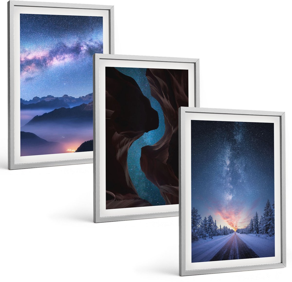 Coloray 3-Delige Schilderij Set - Nachtelijke Hemel, Bergen, Kloof En Winterlandschap - 40 x 60 cm - Wanddecoratie - Woonkamer Decoratie