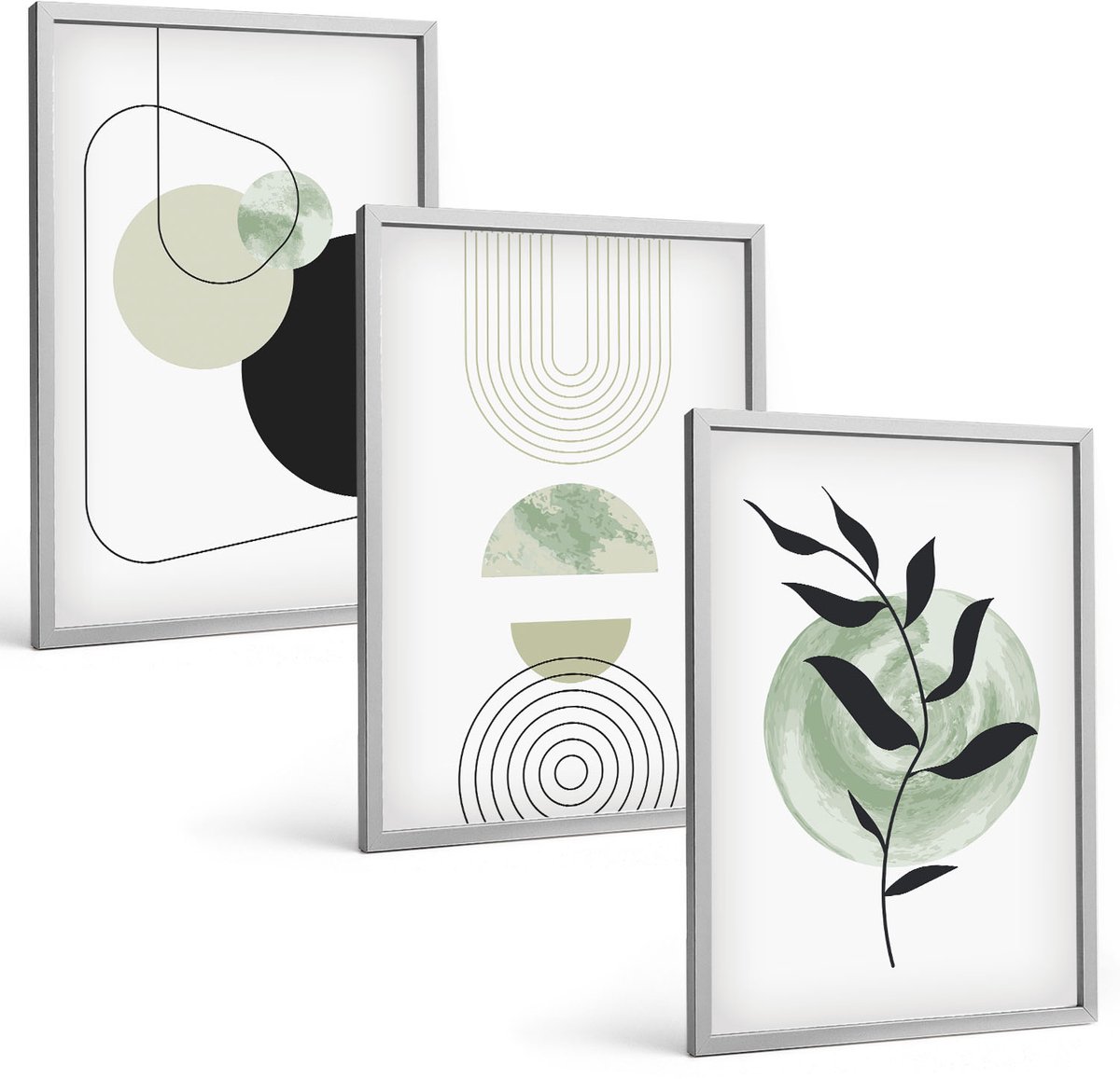 Coloray 3-Delige Schilderij Set - Abstracte Vormen En Plantmotieven In Groen - 40 x 60 cm - Muurdecoratie - Schilderijen Set - Woonkamer