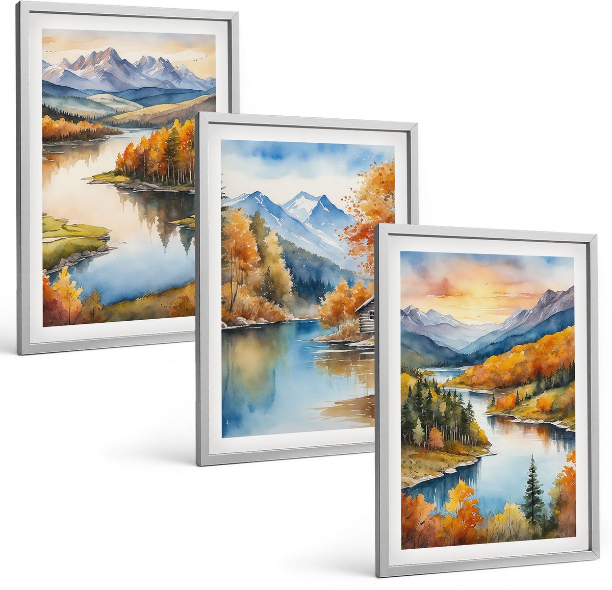 Coloray 3-Delige Schilderij Set - Herfstlandschap In De Bergen Met Een Rivier En Een Huisje Aan Het Water. - 40 x 60 cm - Decoratieve Schilderijen - Wanddecoratie - Hal