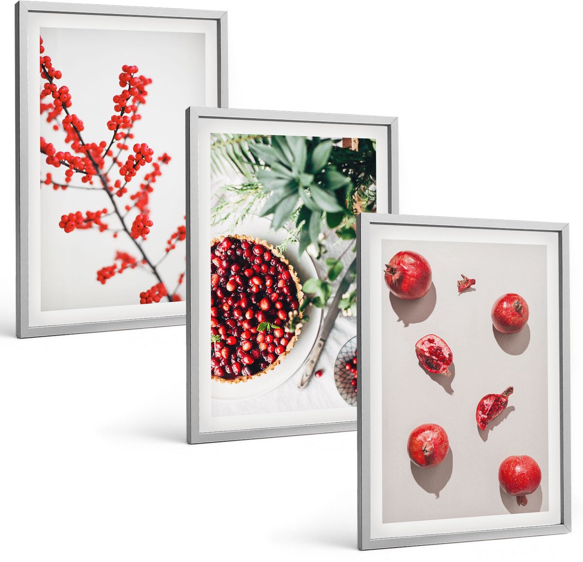 Coloray 3-Delige Schilderij Set - Rode Vruchten En Planten In Een Minimalistische Stijl - 40 x 60 cm - Stijlvolle Wanddecoratie - Interieur - Decoratieve Schilderijen