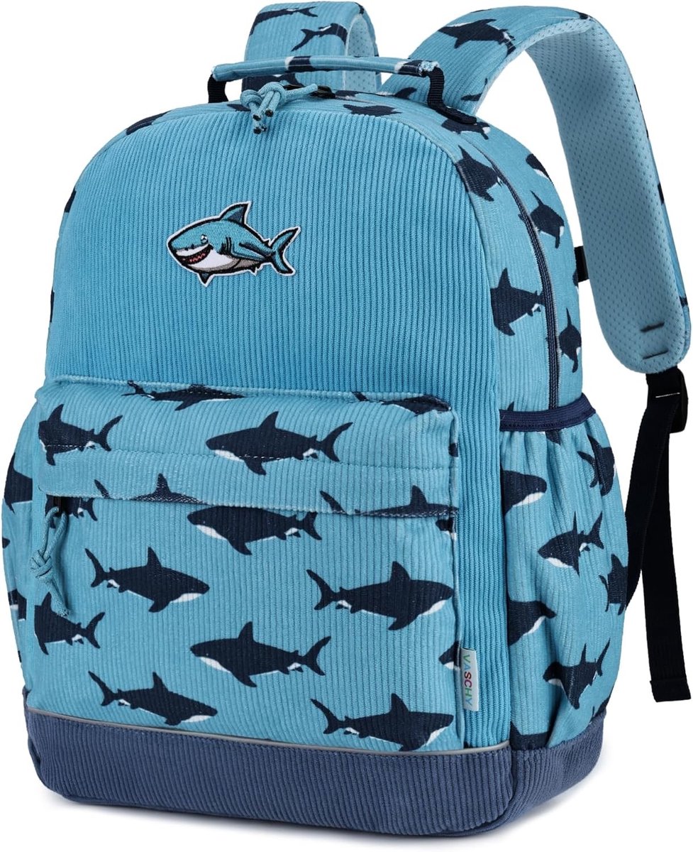 Schooltas jongen bassischool - Blauw - Medium 15 inch - Corduroy rugzak met blauwe haai - Voor kinderen 2 tot 6 jaar
