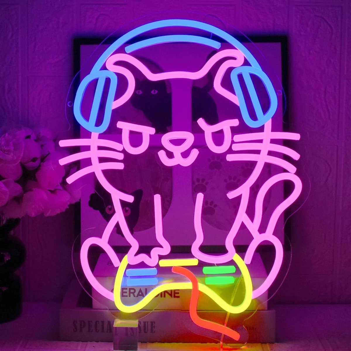 Gaming Neon Bord - Game Cat - 32 x 42 cm - Dimbare LED Verlichting - Voor Gamer en Kattenliefhebbers