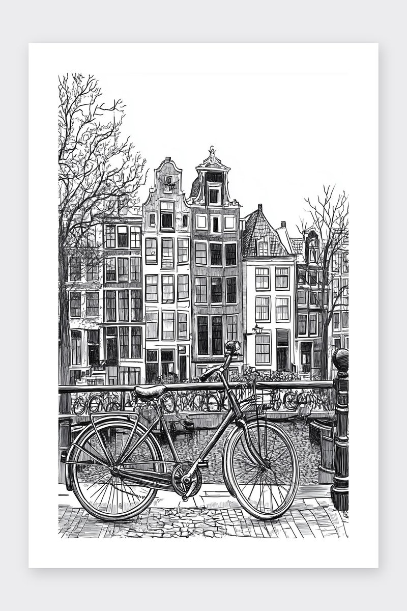 Amsterdam Fiets Poster - Gebouwen Posters - Steden - Zwart Wit - Passe-Partouts Effect - Wanddecoratie Woonkamer - 180 gram papier - BS6356KMD - Formaat 50 x 70cm