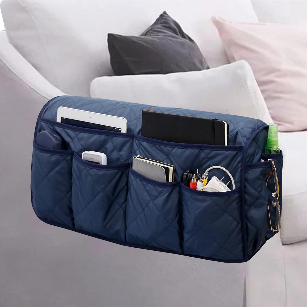 Sofa Armleuning Organizer met 14 Vakken voor Mobiele Telefoon, TV-afstandsbediening en Tijdschriften - Anti-slip Opbergcaddy in Marineblauw