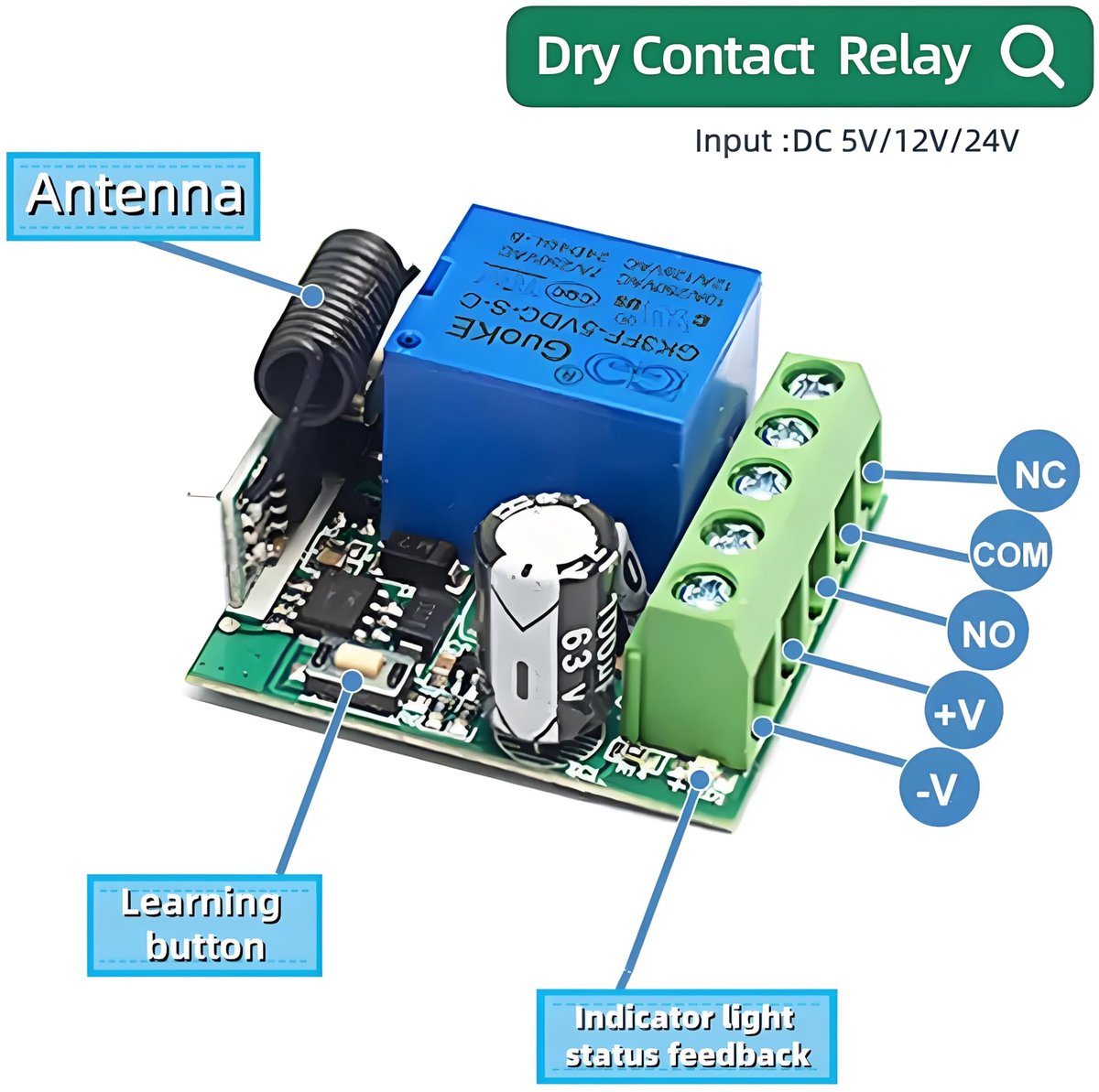Qiachip draadloze afstandsbediening voor garagedeur 433MHz DC 12V 24V 1 kanaal Momentary, potentiaalvrij relais - ShopVlot