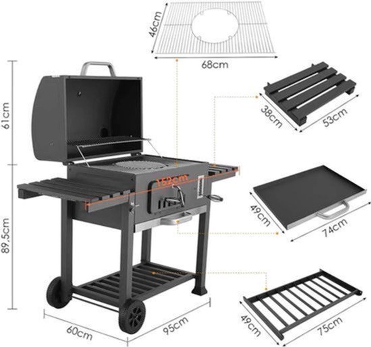 Houtskoolgrill - BBQ-rokergrill - met Grillroosters - Thermometer - Planken - Haken - Verstelbare Houtskoollade - Wielen - Groot Grilloppervlak - voor Buiten - Tuin - Achtertuingrillen - 152 x 60 x 136 cm - Zwart