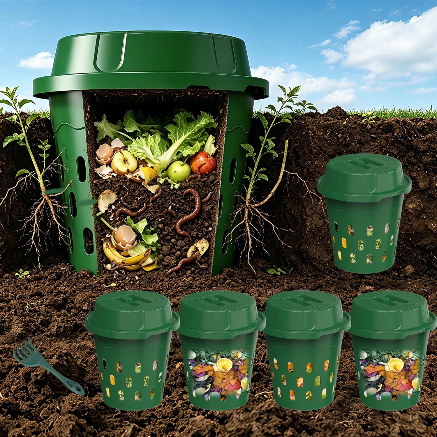 Famanu - Wormcompostbak - Oplossing voor keukenafval - Gemakkelijk in gebruik - Groen 6 stuks