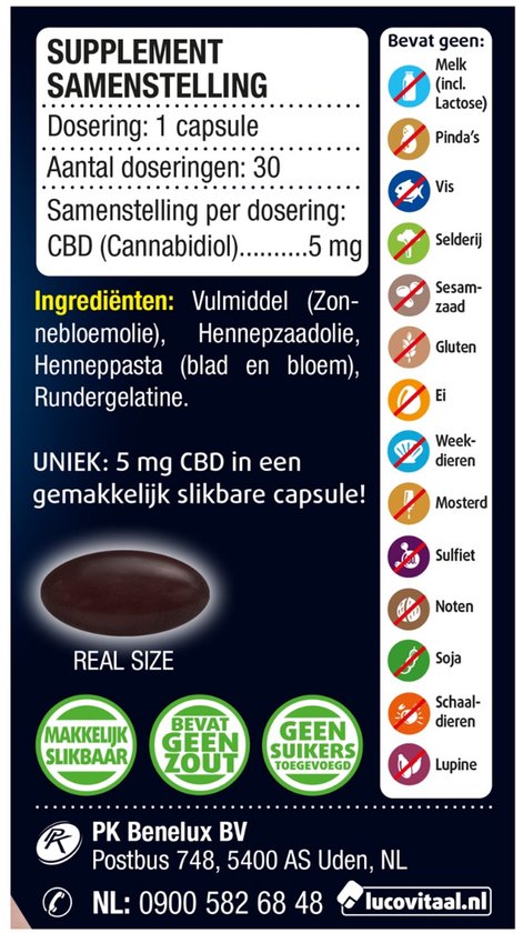 Donkerbruine, ovale capsule op een witte achtergrond met productinformatie.