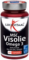 Rode pot met Lucovitaal MSC Visolie Omega 3 capsules. Sterke formule met 25% EPA/25% DHA, 60 capsules.