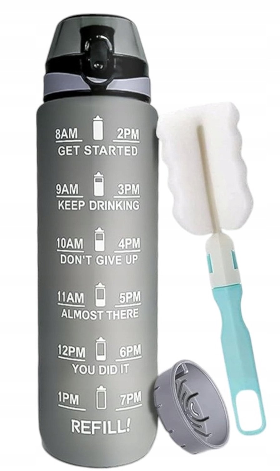 Motiverende Drinkfles 1L Grijs - BPA-vrij, Lekvrij, Vaatwasmachinebestendig