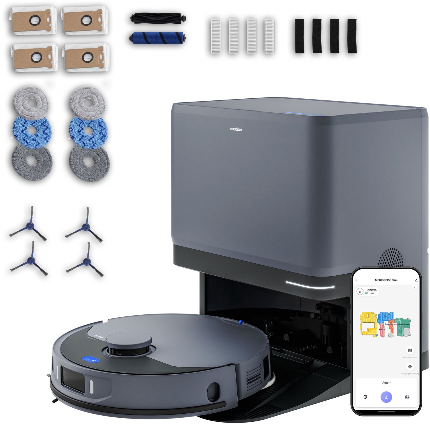 MEDION Robotstofzuiger met 3-in-1 station, lasernavigatie en dweilfunctie X55 SW+ Pro (10.000 Pa, 2-in-1 robot, roterende dweilmoppen, kruislijnlaser) | Starke 10.000 Pa Saugkraft, rotierende Wischmop