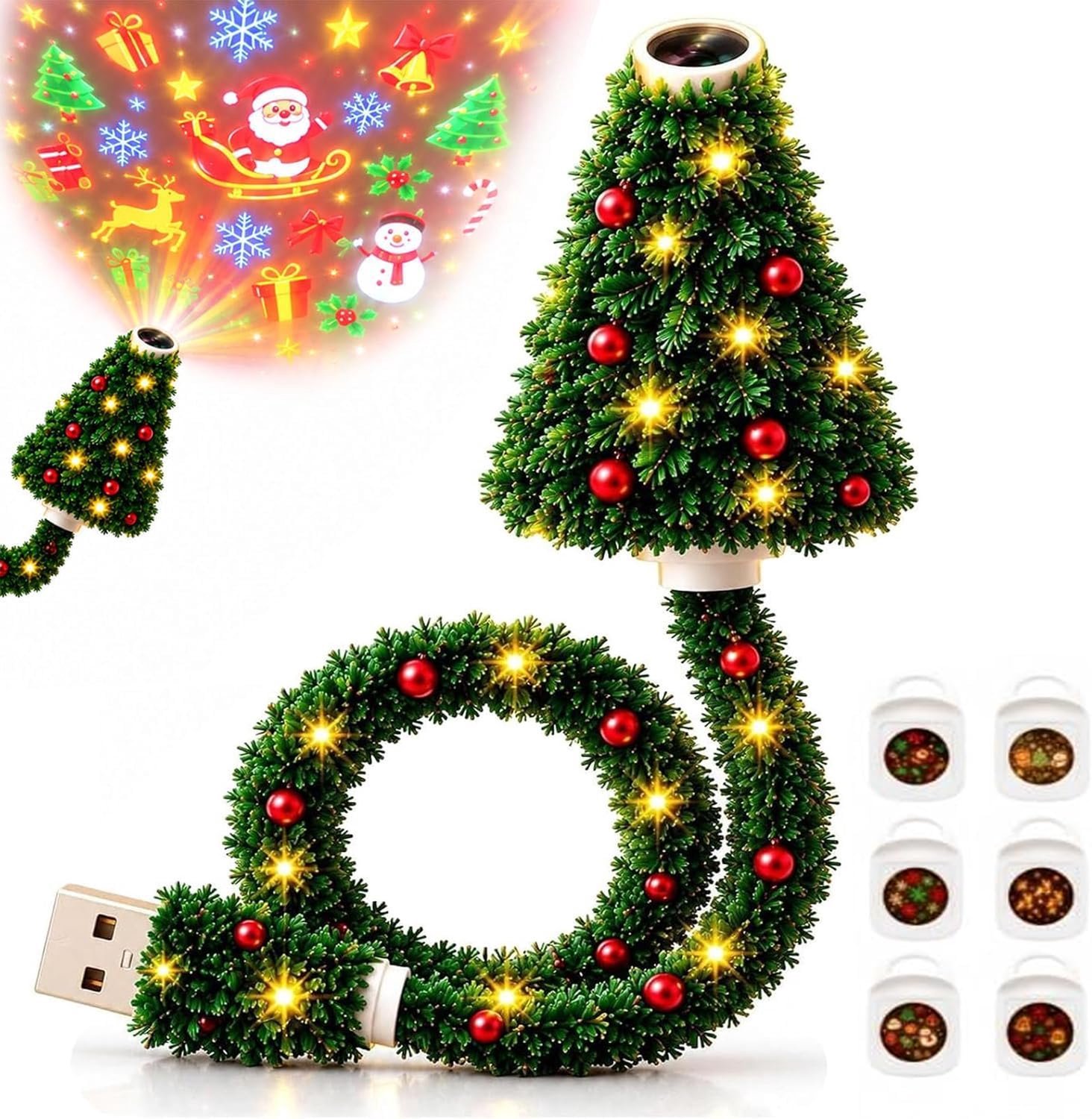 Kerstprojector - Kerstprojectorlamp - met 6 Verwisselbare Films - HD - Sterrenprojector - Plug-and-play - 360° Draaibare Kop - USB Aangedreven - LED-projectorlamp - draagbaar - Kerstthema - Voor bruiloften, feestdagen, Halloween en kerstdecoraties