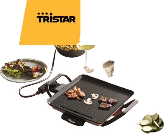 Gourmetstel met Tristar logo, garnalen, biefstuk en paddenstoelen, met salade en courgette ernaast.