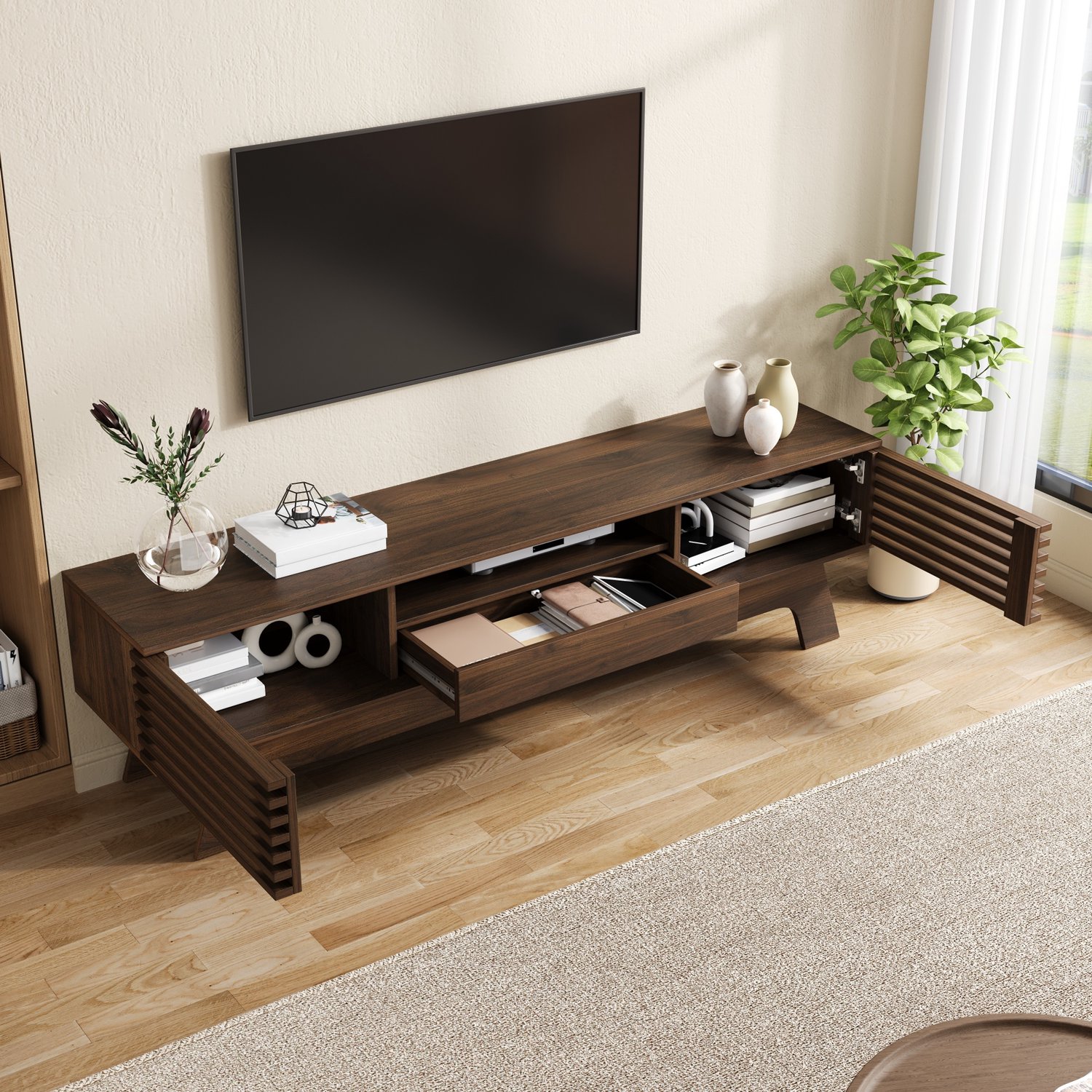 DESMIU TV-Meubel - Lamellendeuren Met Lade Open Vak En Kabeldoorvoer - Voor Moderne Woonkamer - MDF - 150x35x44 Cm - Walnootkleur