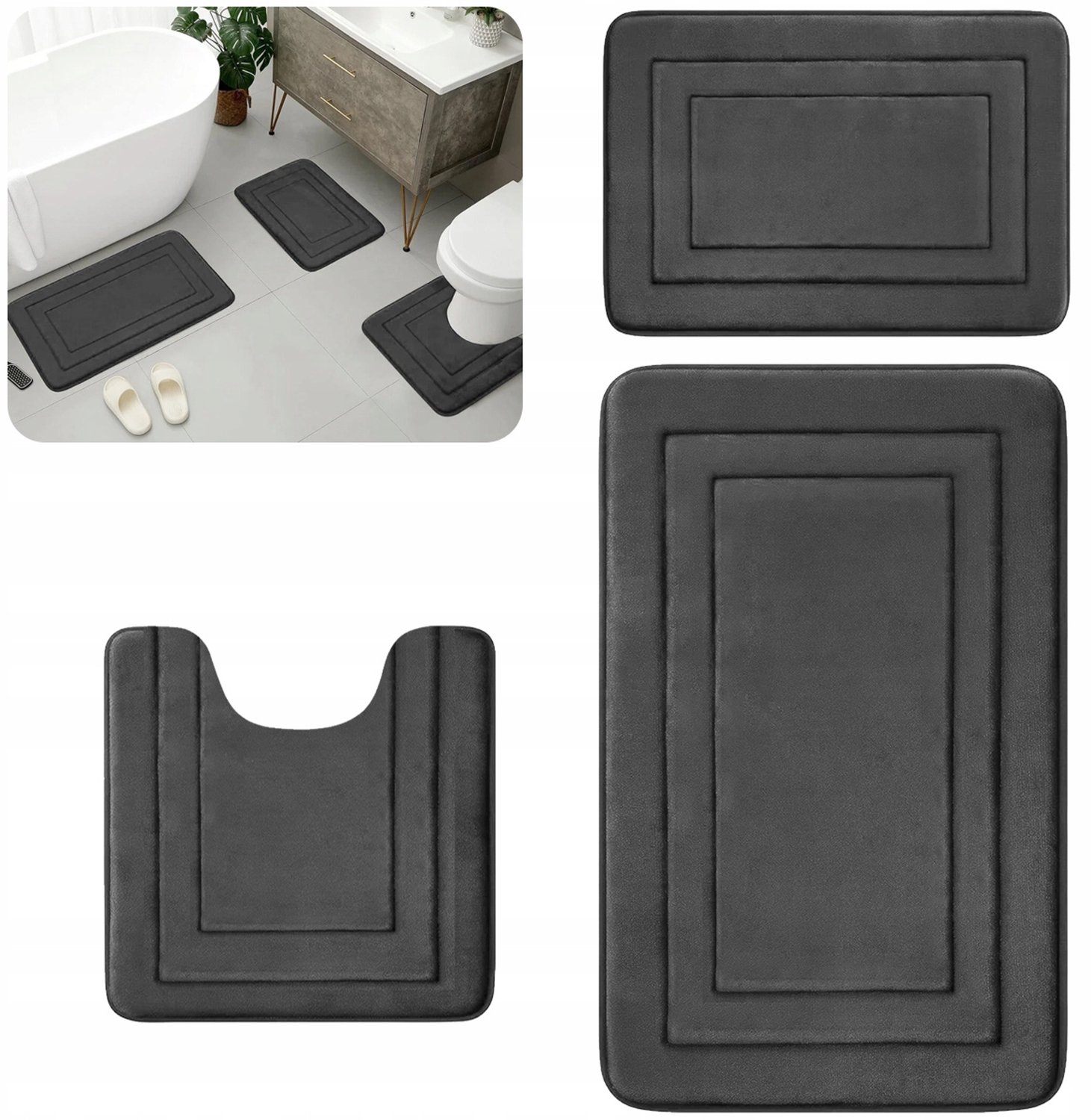3-delige Antislip Badkamermat Set - Zacht Microvezel - Grijs
