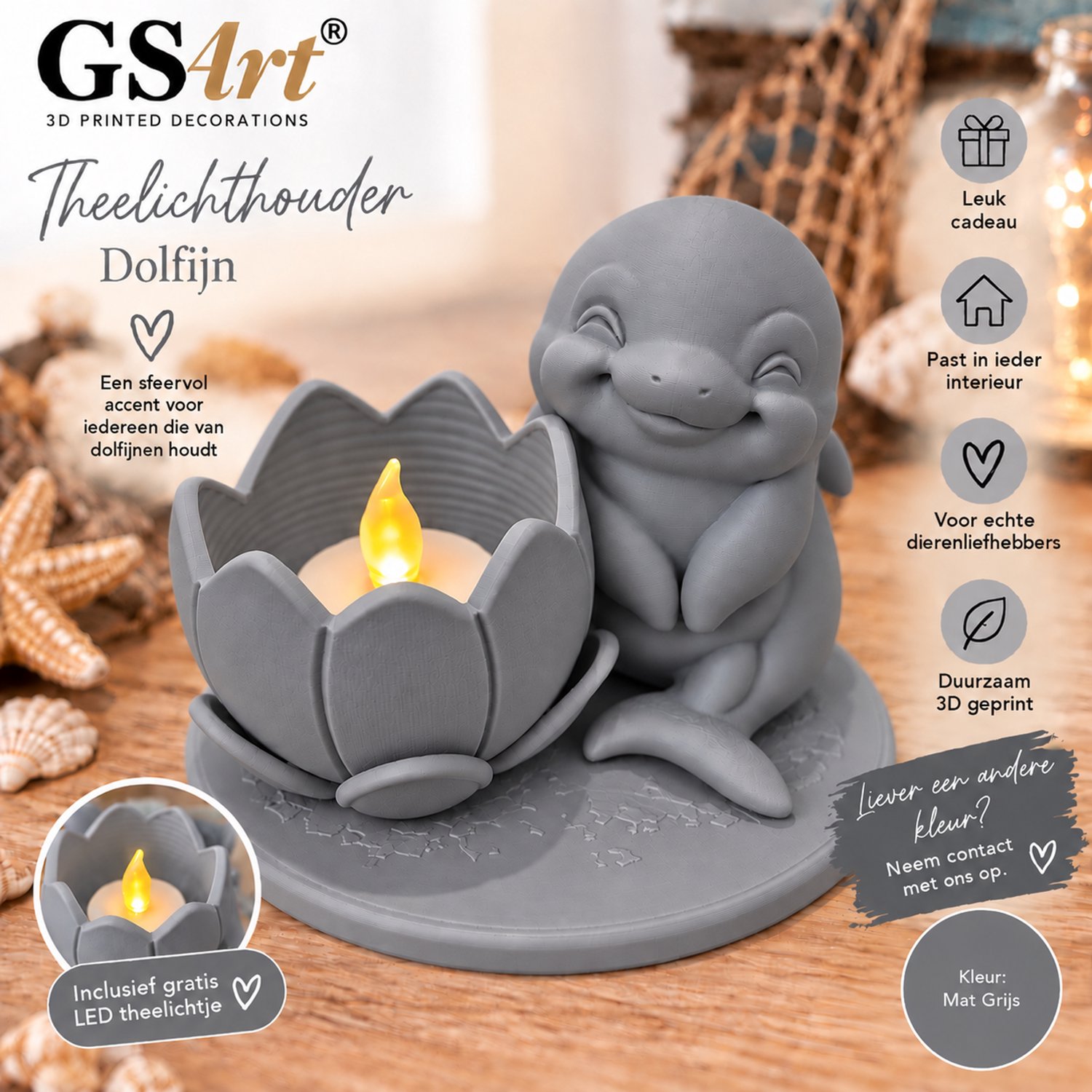 GSArt Theelichthouder Dolfijn – 3D Geprinte Woondecoratie – Inclusief LED Theelichtje - Mat Grijs