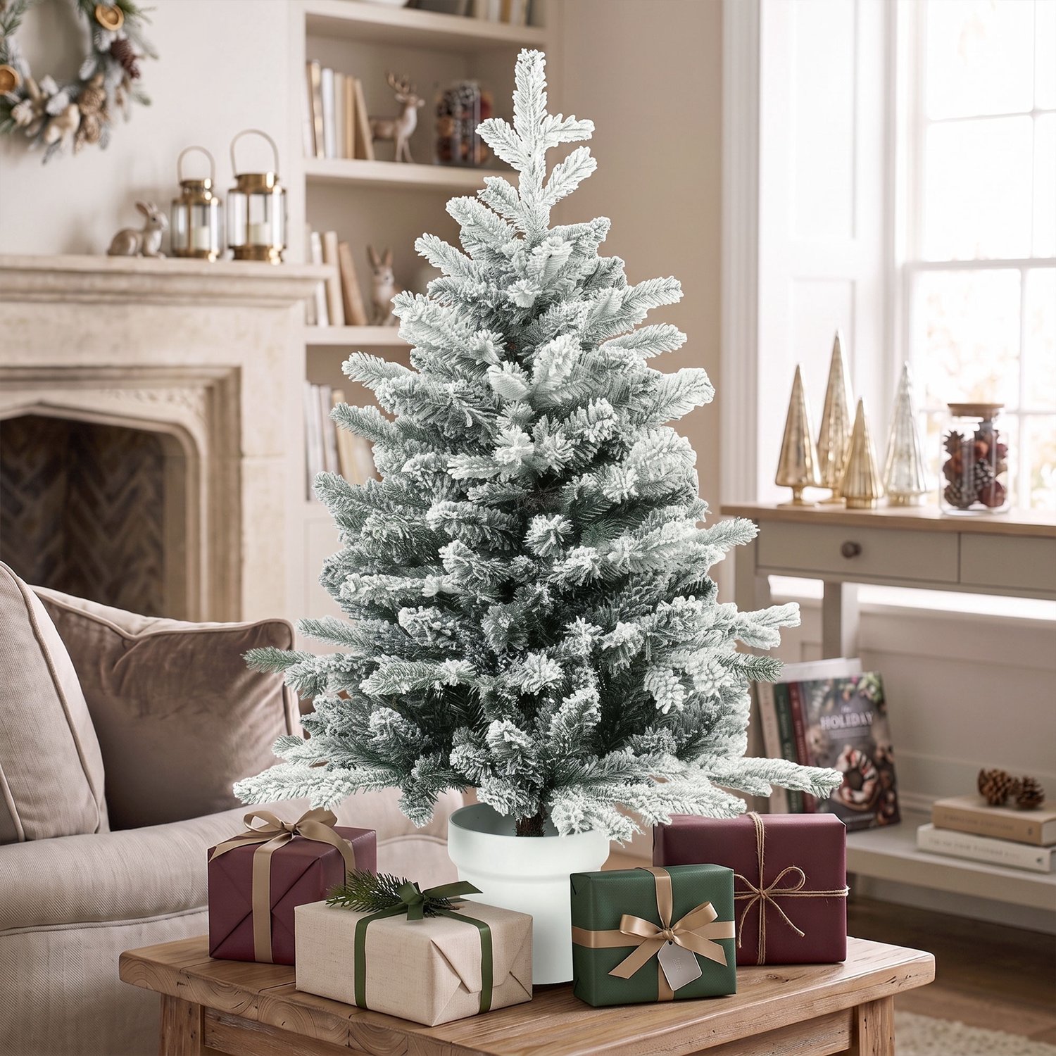 TEKROA® Mini-kerstboom (90 cm) - met 296 takpunten - sneeuweffect - in pot – kleine tafelkerstboom voor thuis en op kantoor - wit