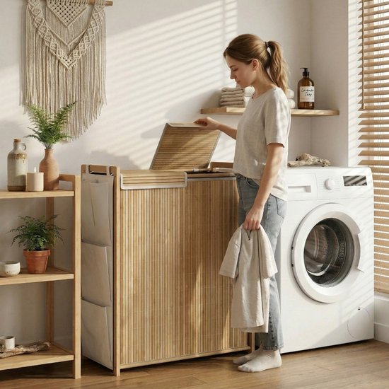 MODFU - Bamboe Wasmand Met Deksel En 2 Waszakken - 120 L - Naturel van modfu — afbeelding 3