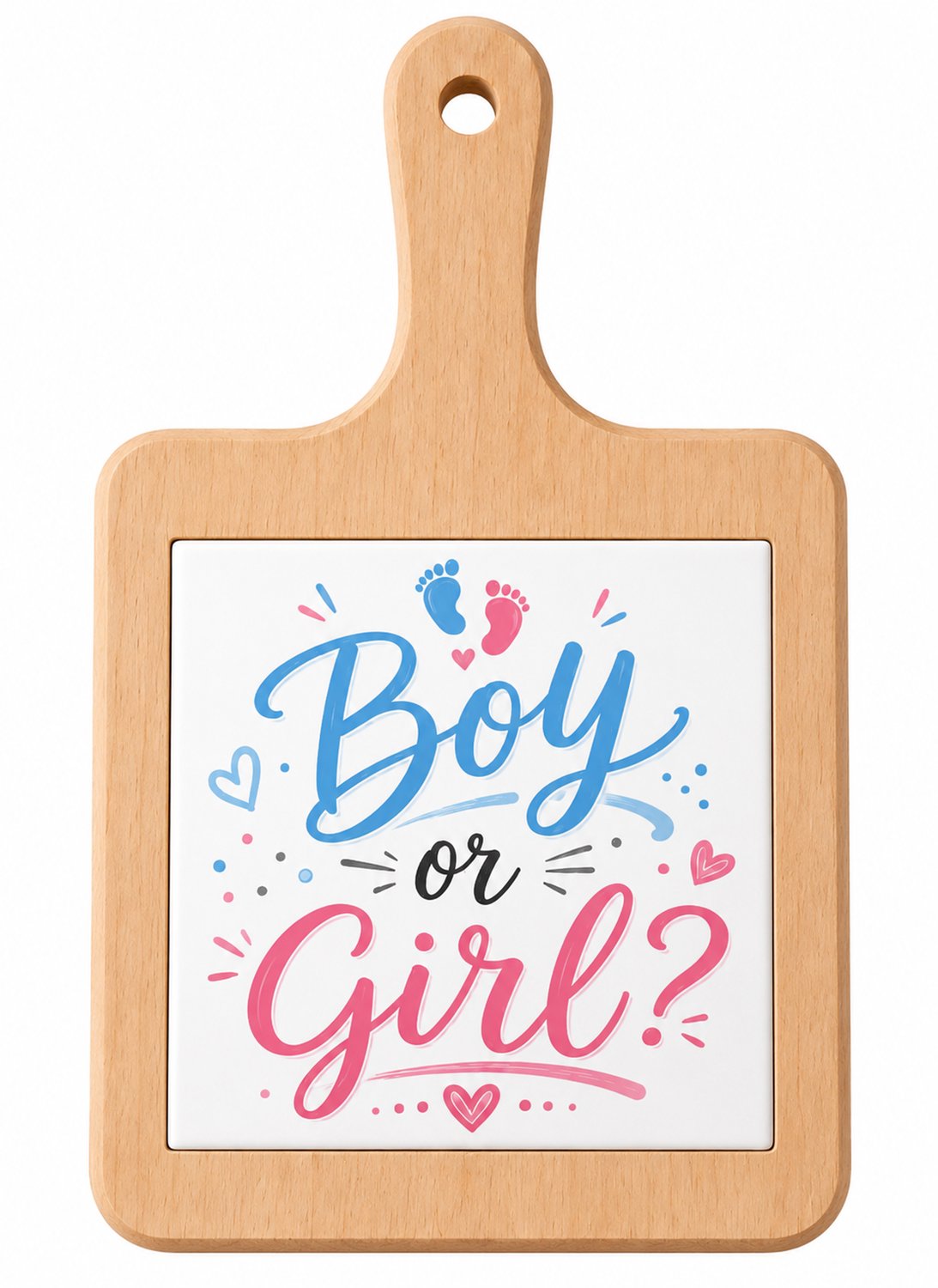 Houten Kaasplank met Bedrukte Tegel – Boy or Girl? – Gender Reveal & Babyshower – 18 x 31 cm – Serveerplank