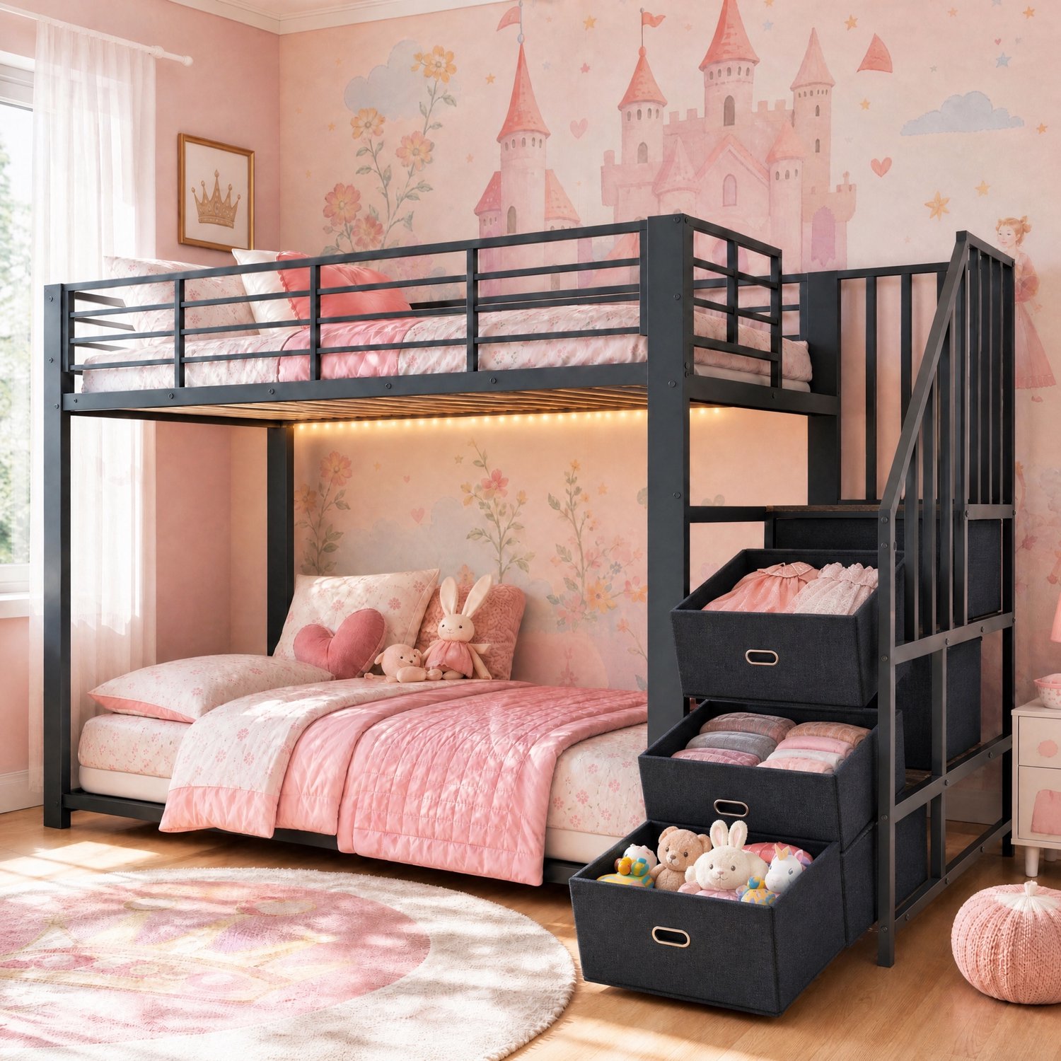 PHOEBE CAT Stapelbed - 90 x 200 cm - Metalen bed - Opbergruimte - LED-verlichting - Stopcontact - Kinderbed - Zwart