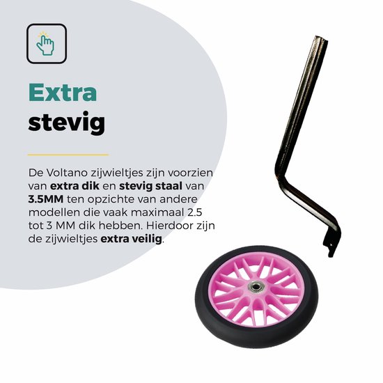 Roze zijwieltje met een extra dikke zwarte stalen beugel van 3,5 mm.